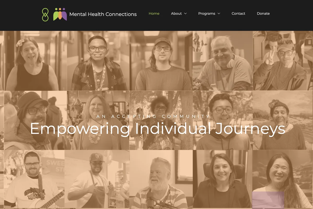 The Mental Health Connections homepage, a wall of member portraits under the line Empowering Individual Journeys.